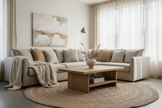 Neutral living room styled with chunky knit throw, jute rug, linen cushions and dried grass vase — how to style a neutral home that doesn't feel boring