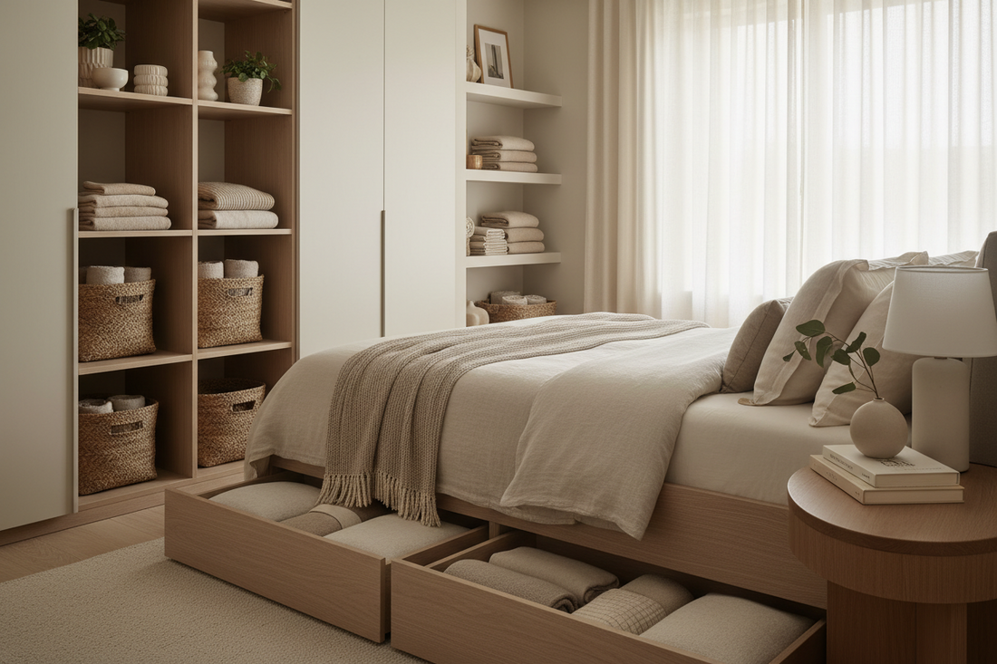 organized bedroom with smart storage furniture