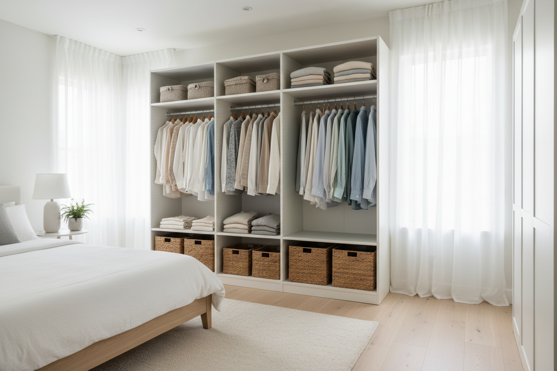 Organized modern wardrobe in a bright contemporary bedroom with smart storage solutions