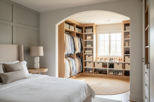 Organized walk-in closet with neatly arranged clothing and storage solutions in a modern American home