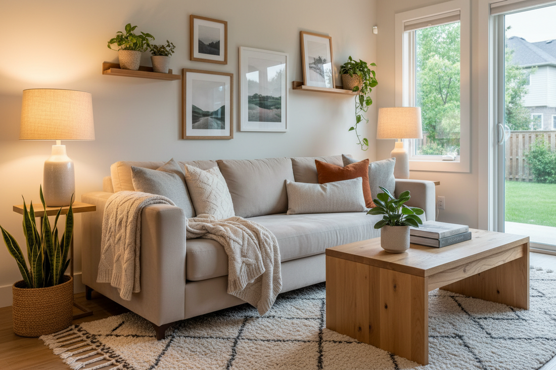 Cozy modern living room with warm lighting, soft textiles, and inviting home décor