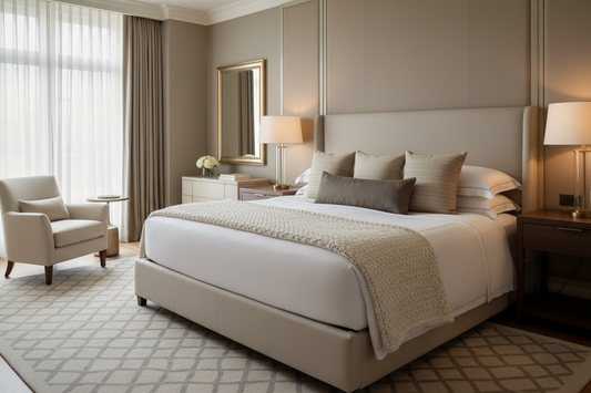 Hotel-style bed with layered bedding, decorative pillows, and a cozy throw blanket