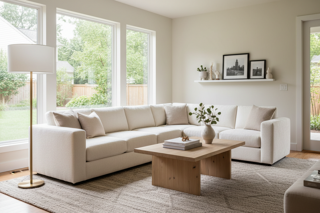 Modern living room with a floor lamp positioned beside a sofa for warm ambient lighting