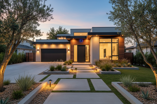 Smart security camera installed above the front entrance of a modern American home