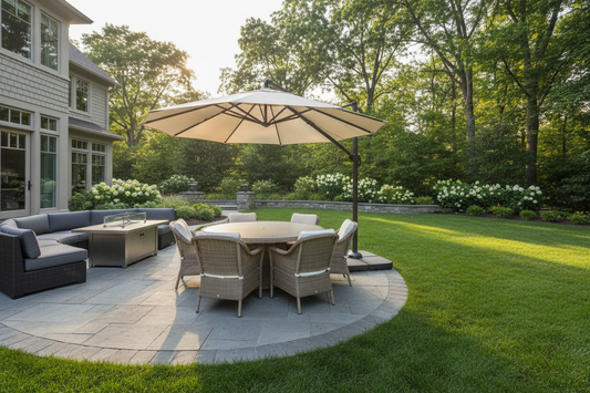 Large patio umbrella providing shade over an outdoor dining area in a modern American backyard
