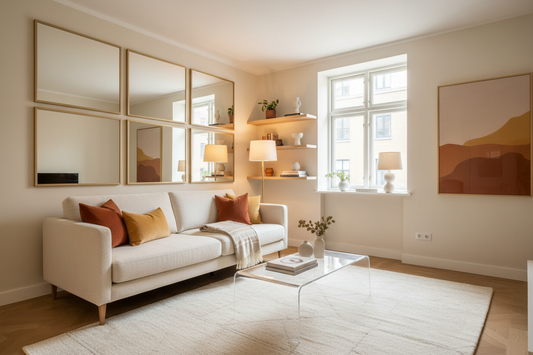 Small apartment living room feeling spacious with raised-leg sofa, acrylic coffee table, large mirrors and floating shelves — small space storage ideas that actually work