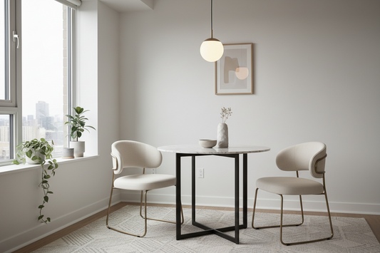 small modern dining room with round dining table
