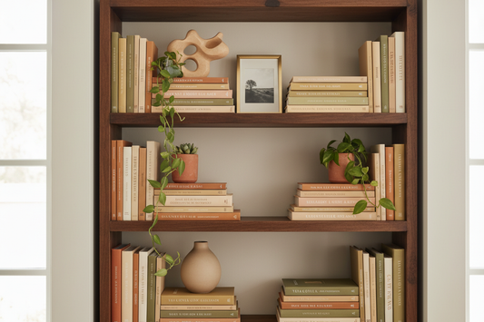 Styled bookshelf with books arranged vertically and horizontally, interspersed with plants and ceramic objects — how to style a bookshelf like an interior designer