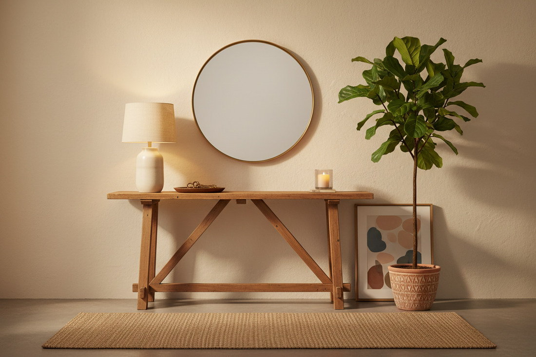 Warm entryway with a console table, round mirror, ceramic lamp, key tray, plant and leaning art piece — entryway decor ideas that make a great first impression