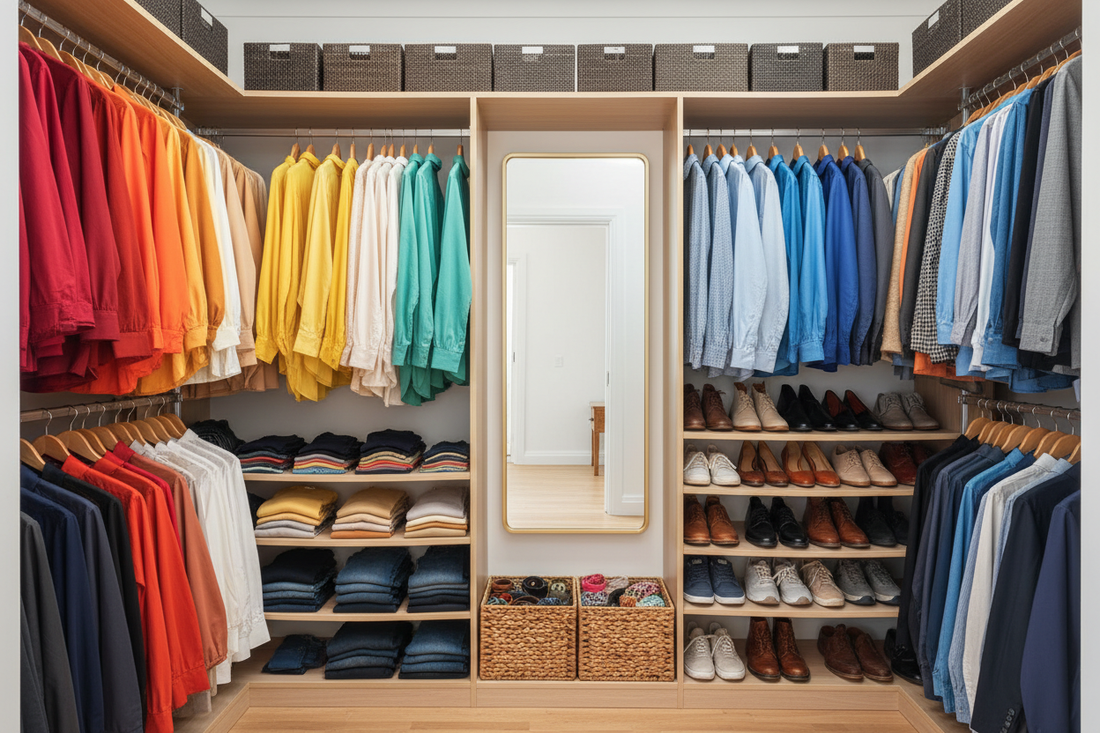 Well-organized bedroom closet with clothes in color order, folded items on shelves, shoes below and full-length mirror — bedroom storage ideas that keep the room feeling calm