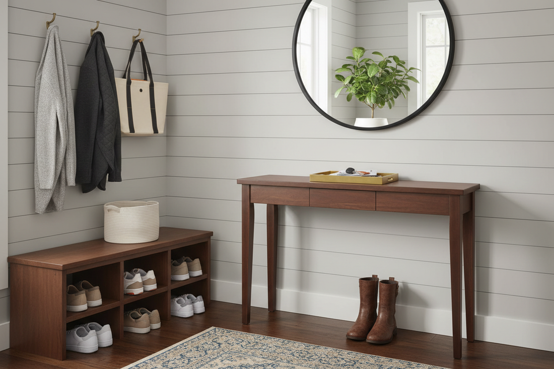 Well-styled entryway with console table, key tray, wall hooks for coats, shoe bench and round mirror above — entryway ideas that make a strong first impression
