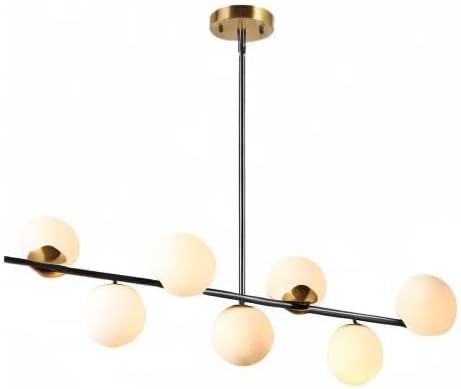 KCO Lighting Black and Brass Linear Pendant Light Mid Century Modern Sputnik Chandelier 7 Lights Milk Glass Globe Kitchen Island Pendant Lighting for Dining Room Living Room