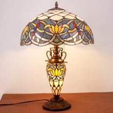 WERFACTORY Tiffany Lamp Blue Stained Glass Lotus Mather-Daughter Vase Table Lamp 16X16X24 Inches Antique Desk Reading Light Decor Bedroom Living Room Home Office S220 Series