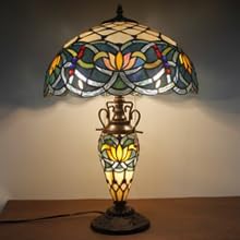 WERFACTORY Tiffany Lamp Blue Stained Glass Lotus Mather-Daughter Vase Table Lamp 16X16X24 Inches Antique Desk Reading Light Decor Bedroom Living Room Home Office S220 Series