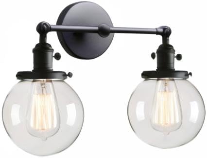 PERMO Double Sconce Vintage Industrial Antique 2 Lights Wall Sconces with Dual 5.9" Round Clear Glass Globe Shade (Black)