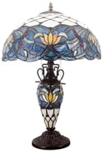 WERFACTORY Tiffany Lamp Blue Stained Glass Lotus Mather-Daughter Vase Table Lamp 16X16X24 Inches Antique Desk Reading Light Decor Bedroom Living Room Home Office S220 Series