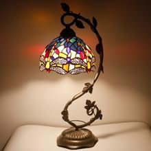 WERFACTORY Tiffany Lamp Stained Glass Table Lamp Blue Yellow Dragonfly Style Desk Light Metal Leaf Base 8X10X21 Inches Decor Small Space Bedroom Home Office S128 Series