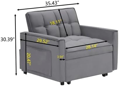 Sleeper Chair, Pull Out Chair Sleeper with Adjustable Back & Pocket, Convertible Chairs Bed Sleepers for Adults, 3 in 1 Sofa Bed Chairs for Small Spaces, Living Room, Gray