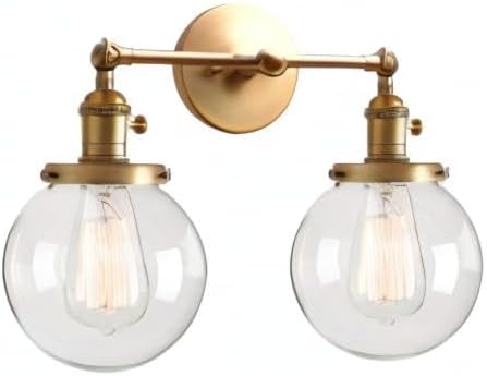PERMO Double Sconce Vintage Antique 2 Lights Vantiy Light Brass Gold Dual Wall Sconces with 5.9" Round Clear Glass Globe Shade for Living Room Dining Room Kitchen Bedroom