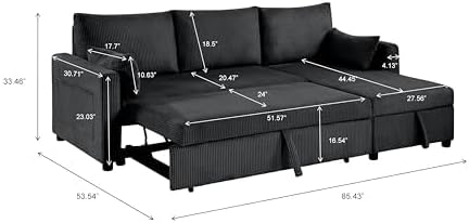 85" 3 Seats Sectional Sleeper Sofa with 3 in 1 Pull Out Bed, Black