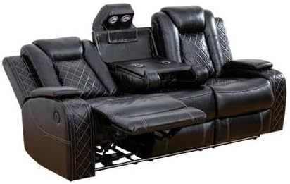Air Leather Loveseat Power Recliner Sofa, 3 Seat Reclining Sofa with Drop Down Table,Reading Light, LED Lighting&USB Port (Black)