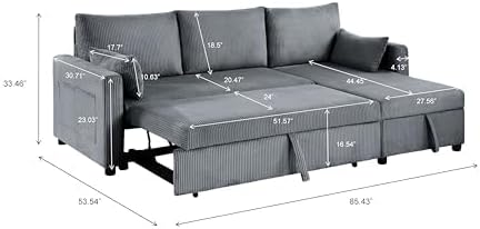 85" 3 Seats Sectional Sleeper Sofa with 3 in 1 Pull Out Bed, Gray
