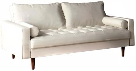 Container Furniture Direct Womble Mid Century Modern Couch with Bolster Pillows, PU Leather Upholstered Tufted Seat, Versatile Retro Design for Comfortable Living Spaces, Sofa, White
