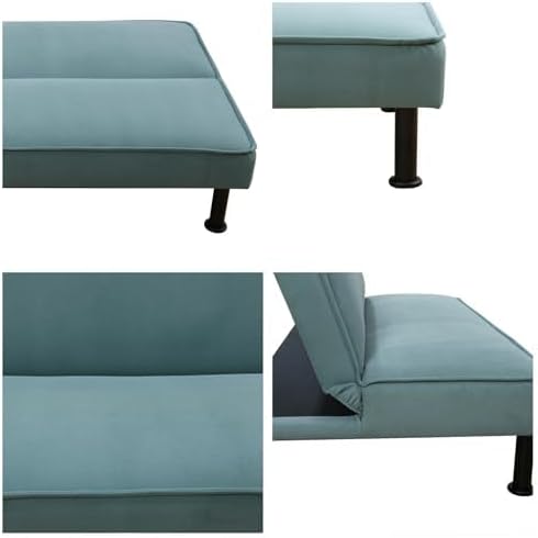 Futon Sofa Bed, Convertible Sofa Couch with Flannel Fabric Adjustable Backrest, Sleeper Couch Bed Loveseat with Curved Armrest for Living Room Bedroom Small Spaces, Green, 77.5"