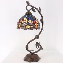 WERFACTORY Tiffany Lamp Stained Glass Table Lamp Blue Yellow Dragonfly Style Desk Light Metal Leaf Base 8X10X21 Inches Decor Small Space Bedroom Home Office S128 Series