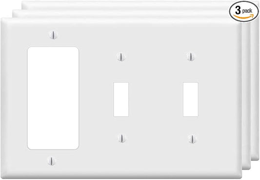 Combination Double Toggle/Single Decorator Rocker Outlet Light Switch Wall Plates 3-Gang Switch Electrical Cover Plate Unbreakable Thermoplastic Faceplate, White (3 Pack)