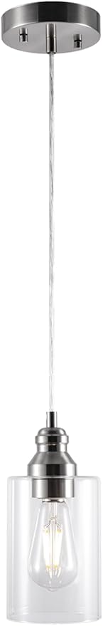 Pendant Light Fixture, Adjustable Hanging Ceiling Lights, Anti-Rust Metal Hanging Light Fixtures with Clear Glass, Modern Pendant Lighting for Kitchen Island Living Room, Nickel, 1-Pack