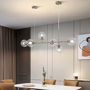 KCO Lighting 6 Light Brushed Nickel Chandelier Bubble Glass Pendant Lights Kitchen Mid Century Modern Linear Chandelier Globe Sputnik Ceiling Light for Dining Room Living Room