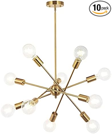 BONLICHT Modern 10 Light Sputnik Chandeliers Brushed Brass with Adjustable Arms Metal Kitchen Light Fixtures Gold Mid Century Pendant Lighting Vintage Industrial Ceiling Lights for Living Room