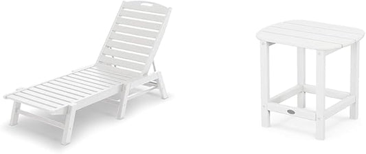 Polywood Nautical Patio Chaise & South Beach 18" Side Table 2-Piece Outdoor Furniture Set, White