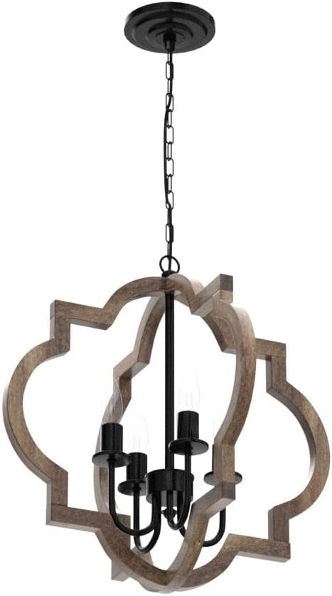 19.49'' Farmhouse Wood Chandelier, 4-Light Rustic Dining Room Light Fixture, Orb Chandelier Light Adjustable Height, Pendant Lighting for Kitchen Island Foyer Living Room Over Dining Table