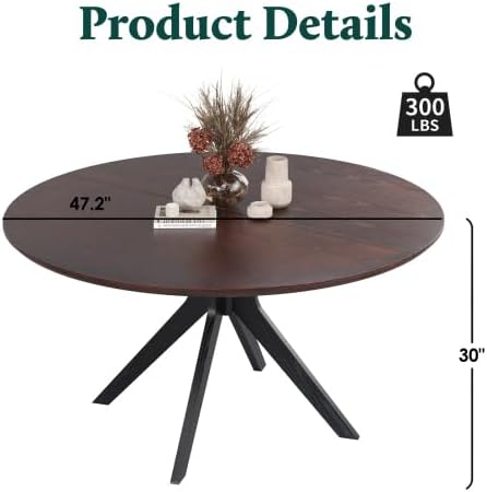Bellemave Round Dining Table for 4-6, Solid Wood 47" Kitchen Table with Intersecting Pedestal Base, for Kitchen, Dining Room, Living Room (Walnut+Black)
