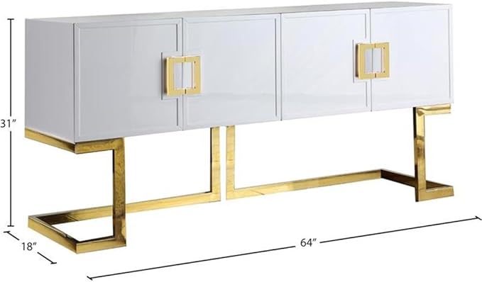 Meridian Furniture Beth Collection Modern | Contemporary Sideboard Buffet, Rich Gold Stainless Steel Base, White Laquer Finish, 64" W x 18" D x 31" H, Cabinet
