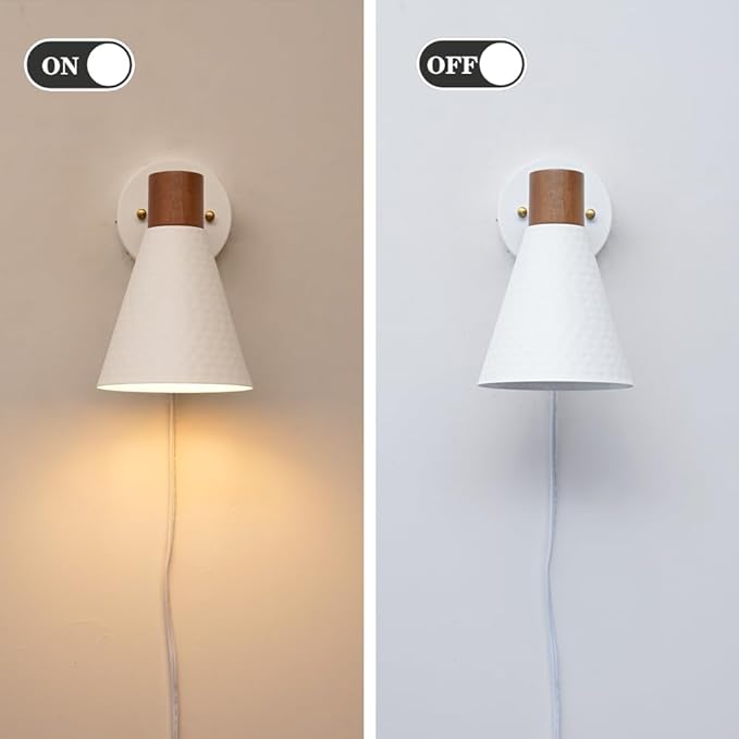 White Plug in Wall Sconces Set of 2, Modern Wall Light with Plug in Cord, Wooden Plug in Sconce with Hammered Metal Shade, Corded Wall Sconce Light Wall Lamp for Bedroom, Living Room, Hallway