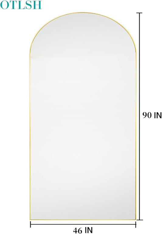 Floor Mirror, 90"×46" Arched Full Length with Stand, Standing, Full Body, Large, Wall, Freestanding, Aluminum Frame - Gold
