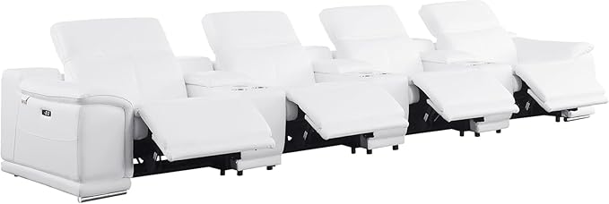BlackJack Furniture Venice Top Grain Italian Leather Power Recline 7 Piece 4 Seater Sofa - 175" Theater Seating Modern Couch for Living Room Apartment with Adjustable Headrests & USB Port, White