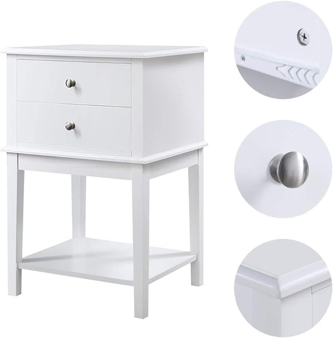 conifferism White Nightstand 2 Drawers and Storage Shelf, 28 Inch High Bedroom Night Stand, Contemporary Modern Bed Side Table, Living Room Country Cottage 19 Inch Wide End Table Metal Sliders