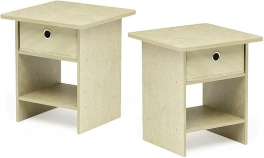 Furinno Dario End Table / Side Table / Night Stand / Bedside Table with Bin Drawer, 2-Pack, Cream Faux Marble/Ivory
