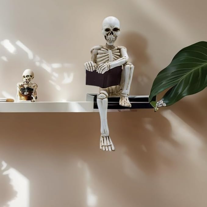 Modern Reading Figurine Decor Office, Human Skeleton Decor Library Resin Abstract Reading, Christmas Decorations Indoor Halloween for Graveyard, Thinker Style for Office Shelf Desktop