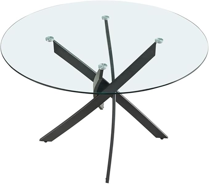 Meridian Furniture 986-T Xander Collection Modern | Contemporary Dining Table with Matte Black Metal Base, 48" Round Tempered Glass Top, 10MM Glass Thickness, 48" W x 48" D x 30" H, Black