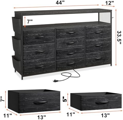 EnHomee 10-Drawer Dresser TV Stand for 55" TV with LED Lights, Power Outlets & Side Pockets (Black)