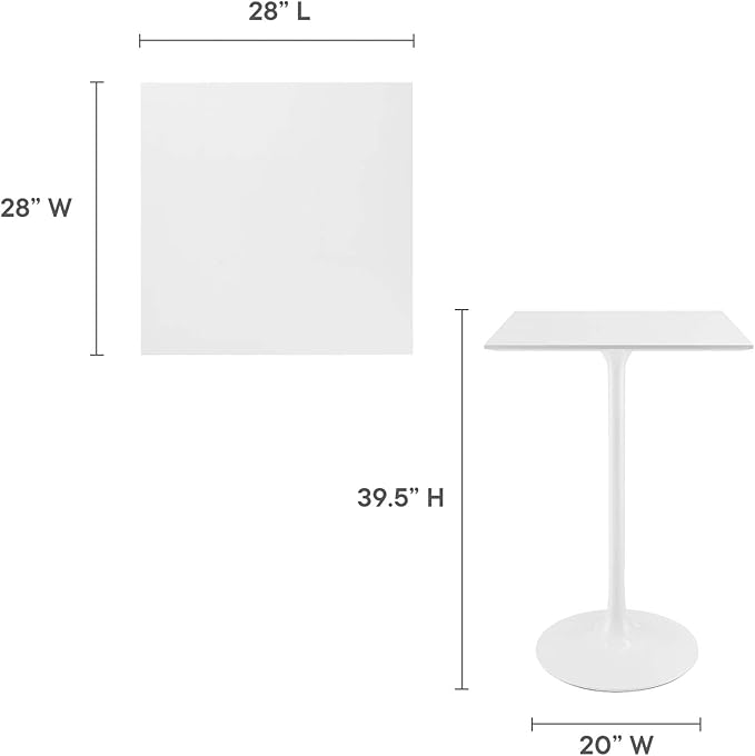 Modway Lippa 28" Mid-Century Modern Bar Table with Square Top and Pedestal Base in White