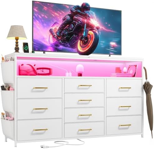 EnHomee 10-Drawer Dresser TV Stand for 55" TV with LED Lights, Power Outlets & Side Pockets (Whithe)