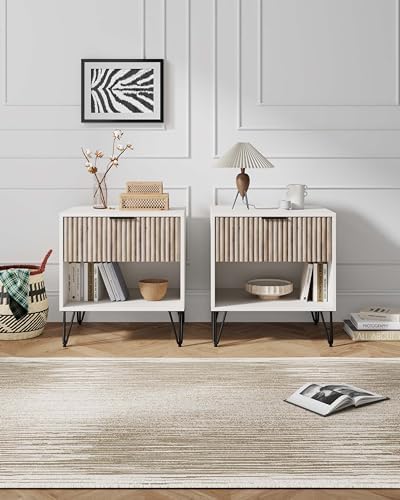 Manhattan Comfort Dumbo Modern Nightstand 1.0 with 1 Drawer and Metal Feet | Splayed Black Legs | Vertical Ribbed | No Tool Assembly Storage for Bedroom & Living Room, Set of 2, White and Rustic Grey