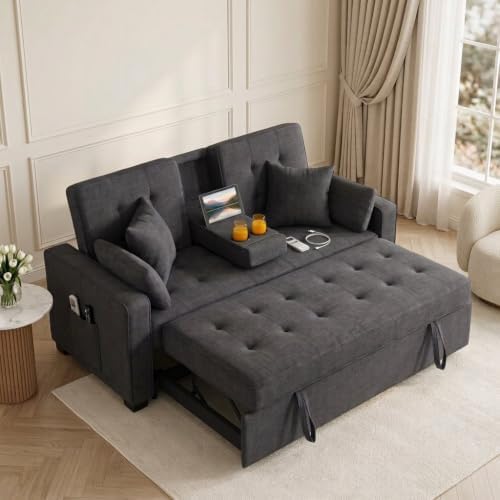 70" Queen Pull Out Sleeper Sofa with USB Port & Cup Holder, Gray