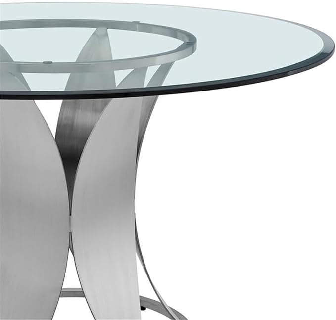 Armen Living Petal Modern Glass Round Pedestal Dining Table, 48 in x 48 in x 30 in, Brushed Stainless Steel Finishing